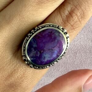 sterling silver vintage scrolled bezel purple turquoise ring size 8.75